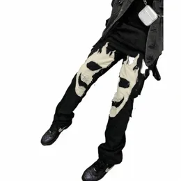 الجينز الأمريكي المرقعة الأمريكية متعددة الجيبات الجينز Fi Hip Hop Street Wide Pants Black Jeans Harajuku Style Loursers L9hu#