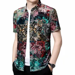 Mäns sexiga transparenta velorskjortor 2022 Summer FRS Silk Veet Topps Male Short Sleeve Floral Clothing Dr Shirts M9SY#