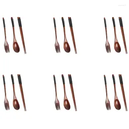 Учебные посуды наборы 6x деревянные столовые приборы наборе портативные палочки для палочек для палочки ложки вилочной посуды с черной нитью Twining