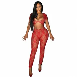 buildingb Street Wear Short Sleeve Lace Mesh See Through Hollow Solid Color Sexy Tight Embroidered One Piece Pullover Jumpsuit 22Sa#
