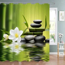 Zen Garden Shower Curtain Set - Green Bamboo Purple Floral Leaf Design, 70x70 Inch, 100% Polyester With Hooks