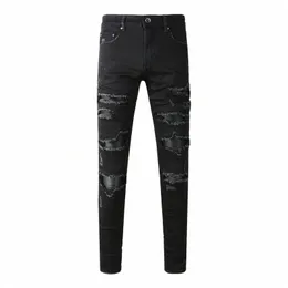 Street Fi Мужские джинсы высокого качества Черные эластичные узкие рваные джинсы Мужские кожаные заплатки Дизайнерские хип-хоп брендовые брюки l0yA #