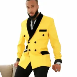 yellow Suit Jacket for Men Double Breasted Slim Fit Fi Blazer 1 Pc Wedding Prom Groom African Style Male Coat 93eQ#