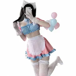 OJBK Sexy Cosplay Costumes for Female Maid Outfit Cate Cat Ear Pink Blue Top Top Top Short Mostral مع Dr New 39io# new 39io#