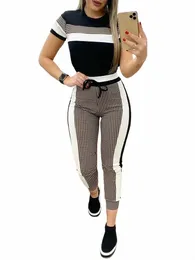 Цветные блоки, клетчатый полосатый комплект с короткими рукавами и лентой, брюки на шнурке, повседневный базовый женский комплект из двух предметов, S94s #
