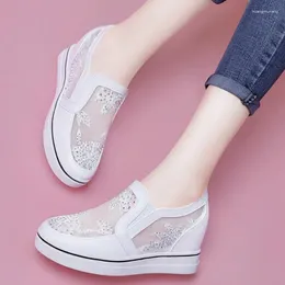 Casual Shoes Summer Women's Fashion Lace Rhinestone grunt Intern Höjd Öka loafers Bekväma lägenheter Zapatillas Mujeres