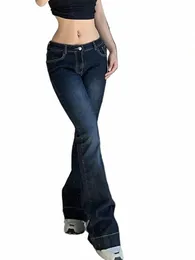 Kalevest Y2K High Street Low Rise Jeans Azul Mulheres Calças Bootcut Bolsos Jeans Streetwear Cintura Baixa Jeans Calças Perna Larga f3SS #