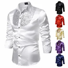 2022 New Men's Shirt Sequined Performance Nightclub Men's Host MC Men's Lapel Lg Sleeve Solid Color Shirt Mens Dr Shirts U5li#
