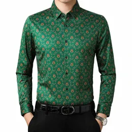 green Printed Mens Social Shirts Large Size Work Office Clothes For Mens Fi Husband Wear Busin Gentleman Blouse Party 38Nl#