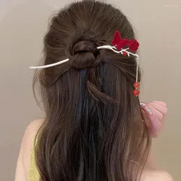 Hair Clips Flocked Butterfly Rose Stick Cheongsam Hanfu Sticks For Buns Chinese Red Headwear Flower Tassel Handmade Hairpin