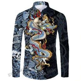 Nyårsdragmönster Herrskjortor LG Sleeve Luxury Clothing 3D Tryckt Tattoo Fi Butt Spring Autumn Mens Casual 2024 E83A#