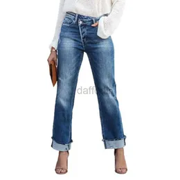 Kvinnors jeans hög midja -knapp skarvning rak jeans kvinnor mode urban casual pendlare denim byxor damer trasiga hål byxor tvättbara 24328
