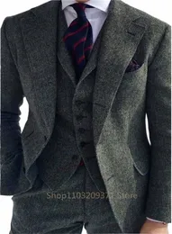 Herringbe Suit Men 3 sztuki Formalne busin Tweed Tuxedo dla mężczyzn dostosowane do retro ślub Męskie mączkowe spodnie kamizelki Zestaw I5nl#