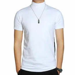 FI Mäns korta ärm Turtleneck T-shirt Slim Fit Korean Style Half-High Collar Base Shirt Casual Modal Base Shirt Tees R15G#