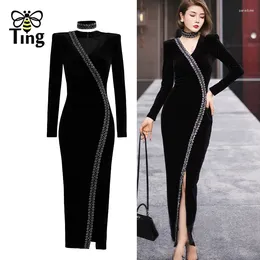 Casual Dresses Tingfly Designer Fashion High Quality Beading Slim BodyCon Velvet Midi Long Party Night Lady V Neck Mante