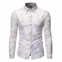 Metal Brzing Printed Luxury Dr Shirts Men LG Sleeve Casual Butt Down White Wedding Groom Party Dinner Shirt Male H86a#