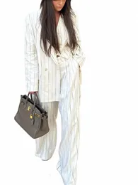 Kondala vintage Autumn Office Women Suit Rand V Neck dubbelbröstfickor Blazer raka lösa byxor FI 2023 Set E6CI#