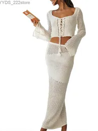 Юбки-шорты Женские трикотажные комплекты из 2 предметов с длинными рукавами и завязками с завязками, облегающее платье макси, летние два наряда yq240328