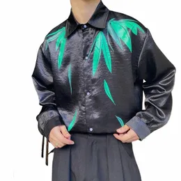 Chińskie seksualne brokat bambusowy liść nadruk LG Sleeve Men Men Lose Casual Vintage Shirts Women Party Dr koszulki Bluzki L3EL#