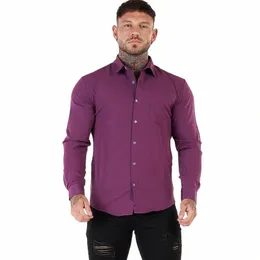 Gingtto Męskie koszule społeczne Busin Busin Slim Fit Solid Shirt Plaid LG Rękaw Nowe przybysze elastyczne fi formalne noszenie Z6ps#