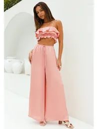 Kvinnors tvåstycksbyxor Foridol Ruffles Crop Top Wide Leg Set Women Summer Satin Outfits Spring Beach Sexig rosa kostym 2024 Kvinna