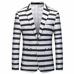 Shenrun Homens Jaqueta Preto Branco Stripe Blazer Slim Fit Casamento Noivo Terno Jaqueta Cantor Host Stage Dr Blazers M-6XL Plus Size 22Cd #