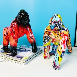 Sculptures Creative Painted Graffiti Colorful Gorilla Statue Creative Decorative Crafts Home Porch Wine Cabinet TV Cabinet Decoration Gift