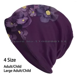 Berets Fantasia Flourish Plum & Gold Beanies Knit Hat Watercolor Flowers Lilac Abstract Violet Dark Velvet Brimless Knitted