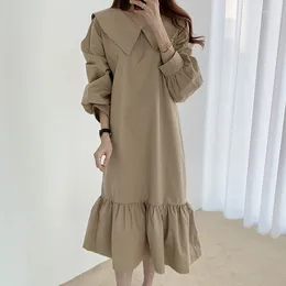 Casual Dresses Sailor Collar Solid Khaki Long Sleeve Fall Elegant Party Korean Vintage 2024 Dress Luxury High midje Women A-Line Spring