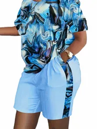 Plus Size Summer Fi Outfits Two Piece Set, Women's Plus Marble Print Short Sleeve Tee Shorts andningsbara kläder Z2zy#