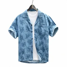 Z945 100% Cott Short Sleeve Shirt Men Summer Fi Vintage Print Loose Casual Denim Bluses Hawaii Beach Holiday mysiga toppar E8BG#