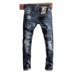 Nyligen FI Designer Men jeans högkvalitativa retro ons blå stretch smal fit rippade jeans män vintage denim pants hombre h2au#