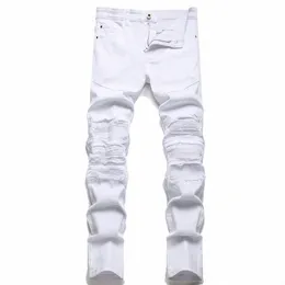 High Street Fi White Jeans Hole Patch Elastic Slim Fit Pleated Mens Jeans Skinny Solid High Quality Denim Trousers 36IP#