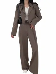 Blazer Suits LG 슬리브 FI 코트 검은 고리 허리 바지 2 조각 세트 여성 외침 2023 가을 사무실 레이디 바지 한국 H7WI#