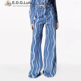 Damenjeans EDGLuLu Vertical Ripple Design Wide Legs Blue American Vintage Casual Denim Hose Female Straight Pants 0308