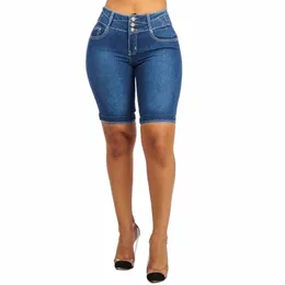 plus Size Denim Shorts Women Summer Elastic Slims Fit Bodyc Knee Length Shorts Skinny Denim Shorts for Women short feminino q9Zw#