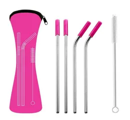 DHL 6Pcsset Reusable Stainless Steel Straight Bent Drinking Straws with Silicone Tips for Cold Beverage Drink Bar Tools Whole4693937