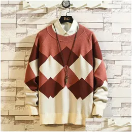 Mens Sweaters Uyuk Outono / Inverno Nova Tendência Japonesa Suéter Patchwork Lozenge Casual Temperamento Plover Roupas Hombre Drop Delivery A Dhcjc