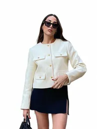 Trafza Women fi Herbst Winter Winter Einbrenner strukturierter runder Hals Flip Pocket Short Jacket Coat Chic Ladies Tops Mujer L32I##