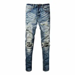 High Street Fi Мужские джинсы Ретро Синие эластичные узкие рваные джинсы Мужские кожаные заплатки Дизайнерские хип-хоп брендовые брюки Hombre d1Y6 #