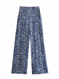 TRAF Blue Print Wide Leg Pants Women High Phecled Brouly Women Women Discal Waggy Pants Woman Fi Summer Women’s Pants Stet B4JQ#