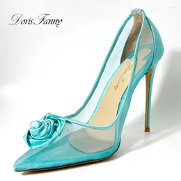 Klänningsskor Doris Fanny Blue Flower Pointed Toe Mesh Sexy High Heels Women Stiletto Pump för Party Wedding Fashion 2024