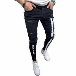 men's Denim Lg Pants Striped & Letter Distred Destroyed Ripped Zip Slim Jeans Wild Fi Pull-Up Trousers Y3wq#