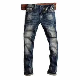 newly Designer Fi Men Jeans High Quality Retro Black Blue Stretch Slim Fit Ripped Jeans Men Embroidery Vintage Denim Pants d9Jr#