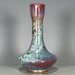 Vasen Jun Porzellan-Ofen verwandelt sich in rote Punkte, grüne Glasur, feiner Hals, flacher Bauch, Flaschendekorationen, Blumen im chinesischen Stil