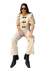 2024 Fi Knot Butt Mezza manica a sbuffo Top Donna Elegante Solid Pantaloni larghi a gamba larga 2 pezzi Set Primavera Estate Lady Pendolare Suit b1NW #