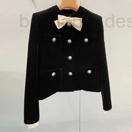 Women's Suits & Blazers designer brand 2023 Winter Miu Miao Xiaoxiang Bowtie Suit Coat Black Velvet Short Top Set MJLS