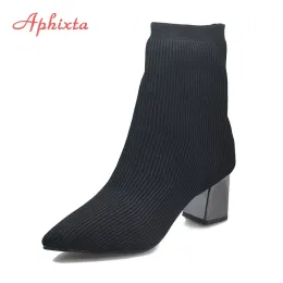 Boots Aphixta Black 6cm Metal Square Heels Cotton Socks Boots Women Stretch Fabric Pointed Toe Shoes Ankle Boots for Woman Boats