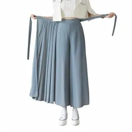 İlkbahar Yaz Yeni Stil Koreli Kadın Piled Chiff Pantolonlar Yüksek Bel Pantolon Hakama Günlük Geniş Bacak Pantales V41F#
