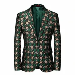 Slim Fit Blazers for Men New Sier Burdy Green Plaid Tuxedo Stage Singer Singer Wear Groom Wedding Suit Coats بالإضافة إلى حجم 6XL -M D1ZZ#
